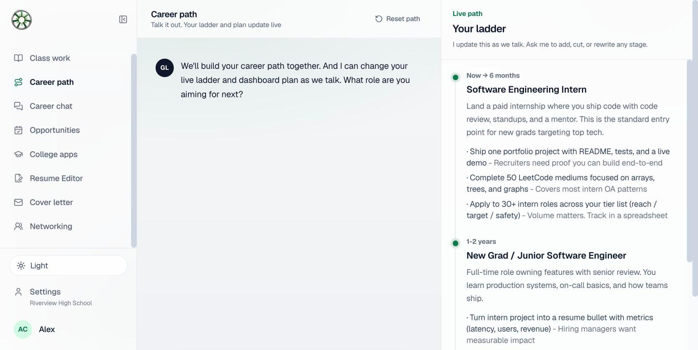 The career path view, built from the student's own conversation