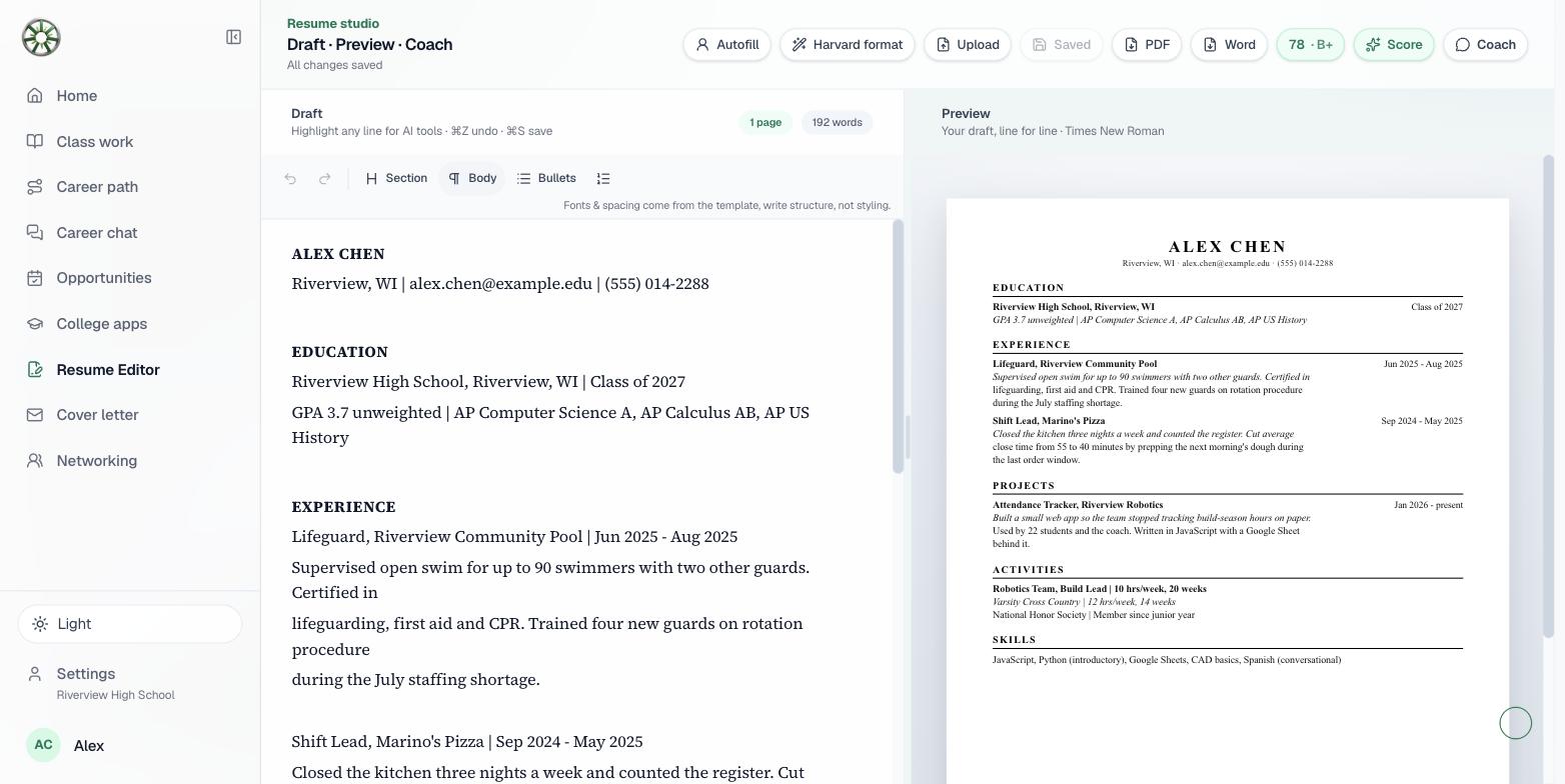 The resume editor with a live preview and an ATS score